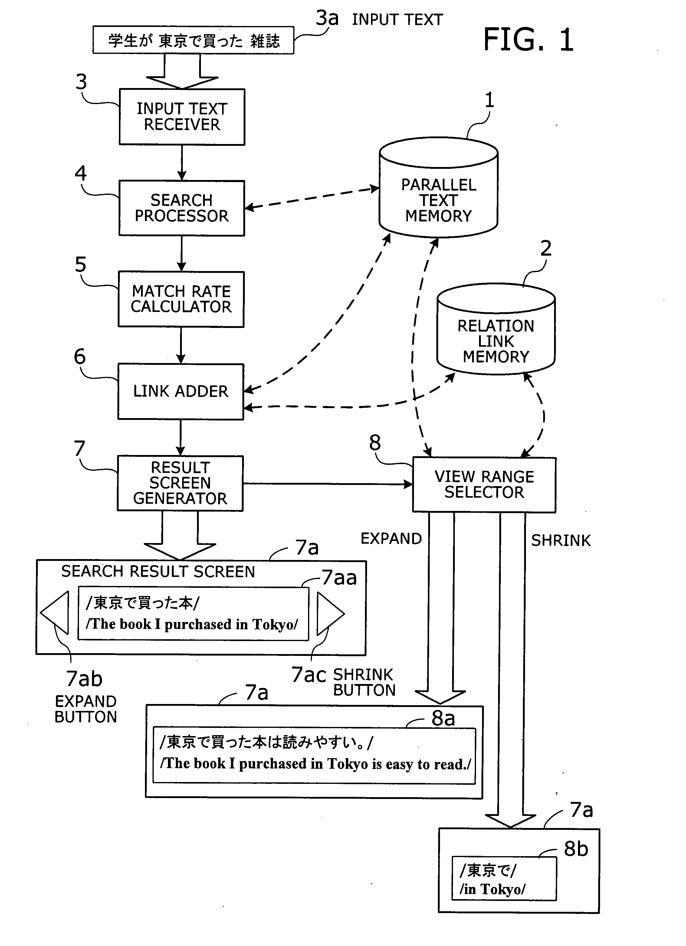 Computer program, apparatus, and method for searching translation memory and displaying search result