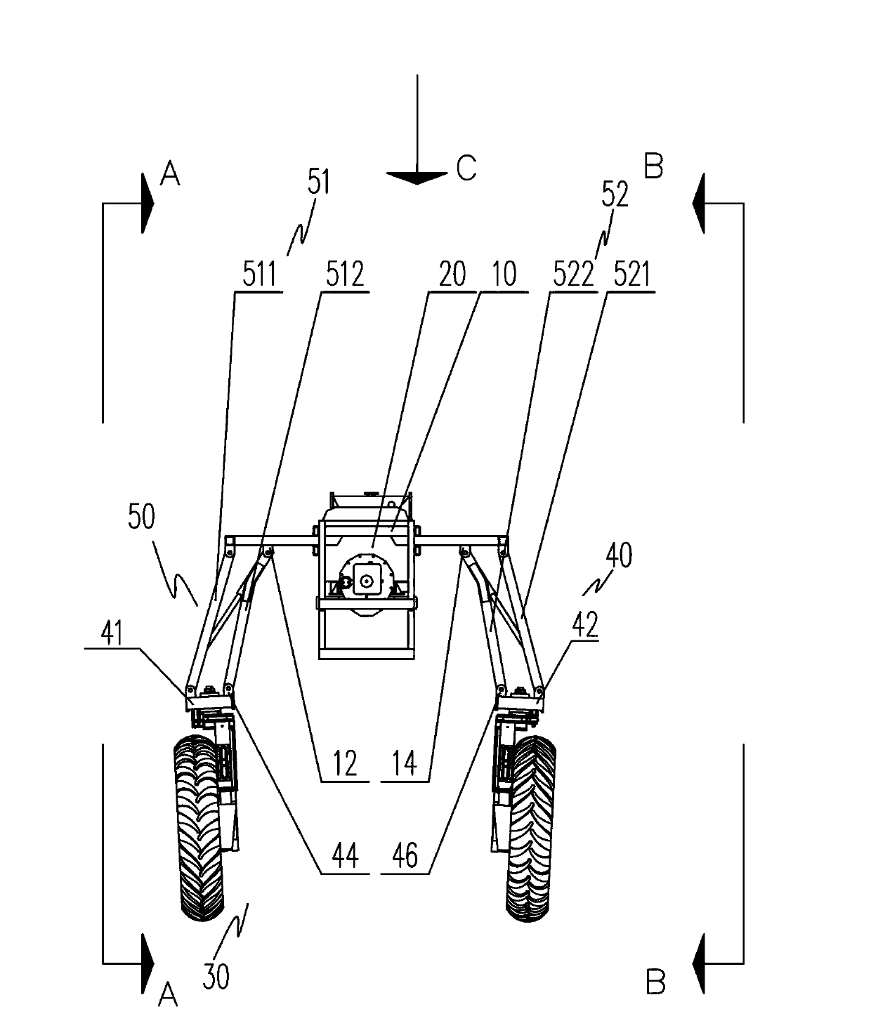 High ground clearance self-propelled chassis with adjustable wheel tread and wheel tread adjusting method of tractor