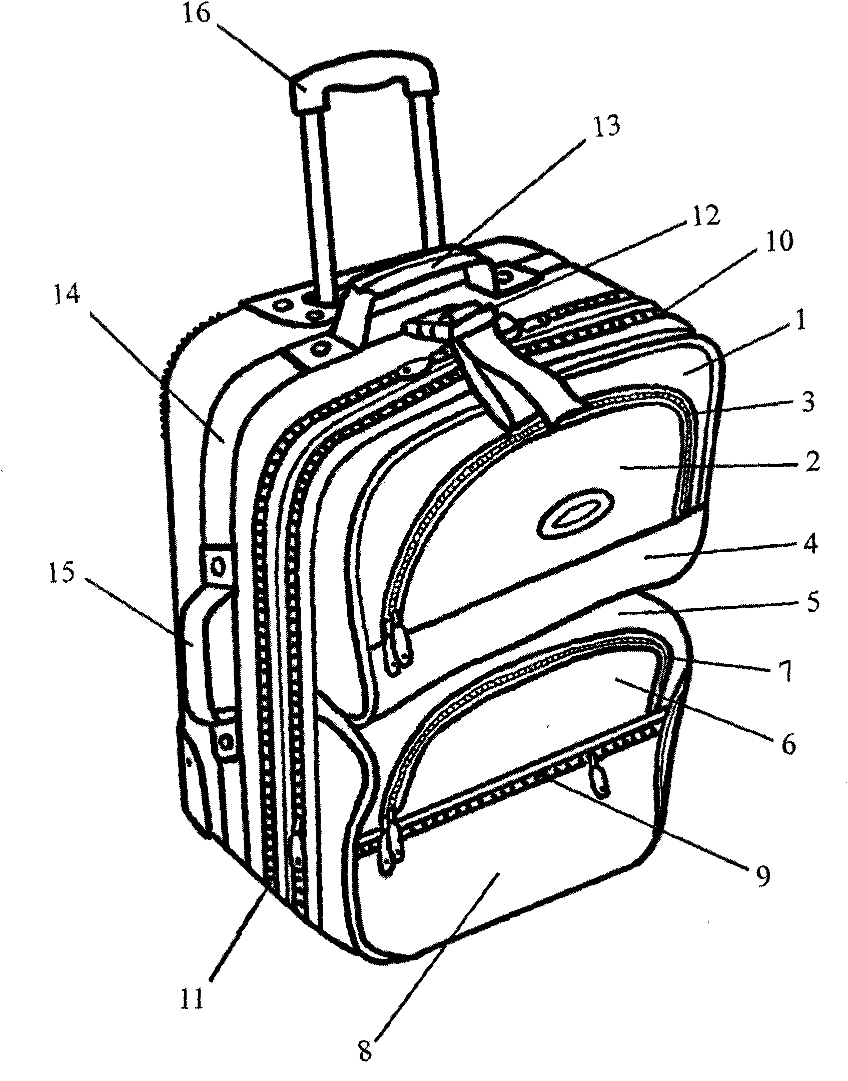 Draw-bar box having retaining ring, belt and three convex bags