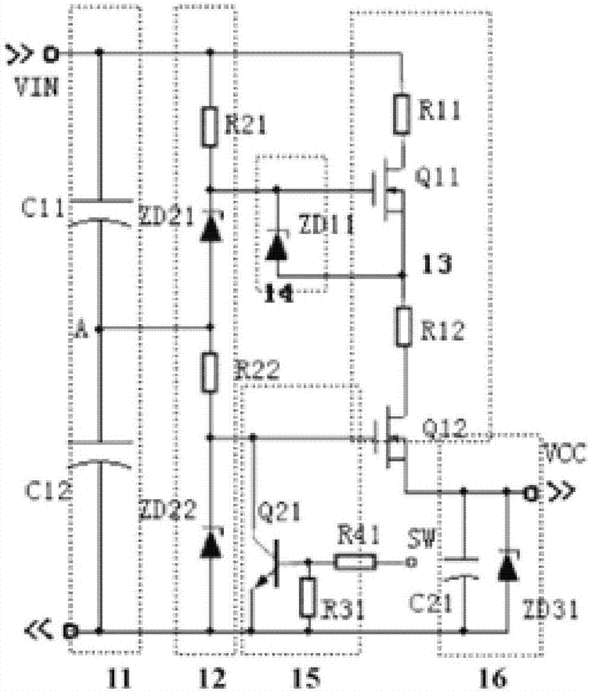 Starting circuit of PWM chip of super-wide voltage auxiliary power supply