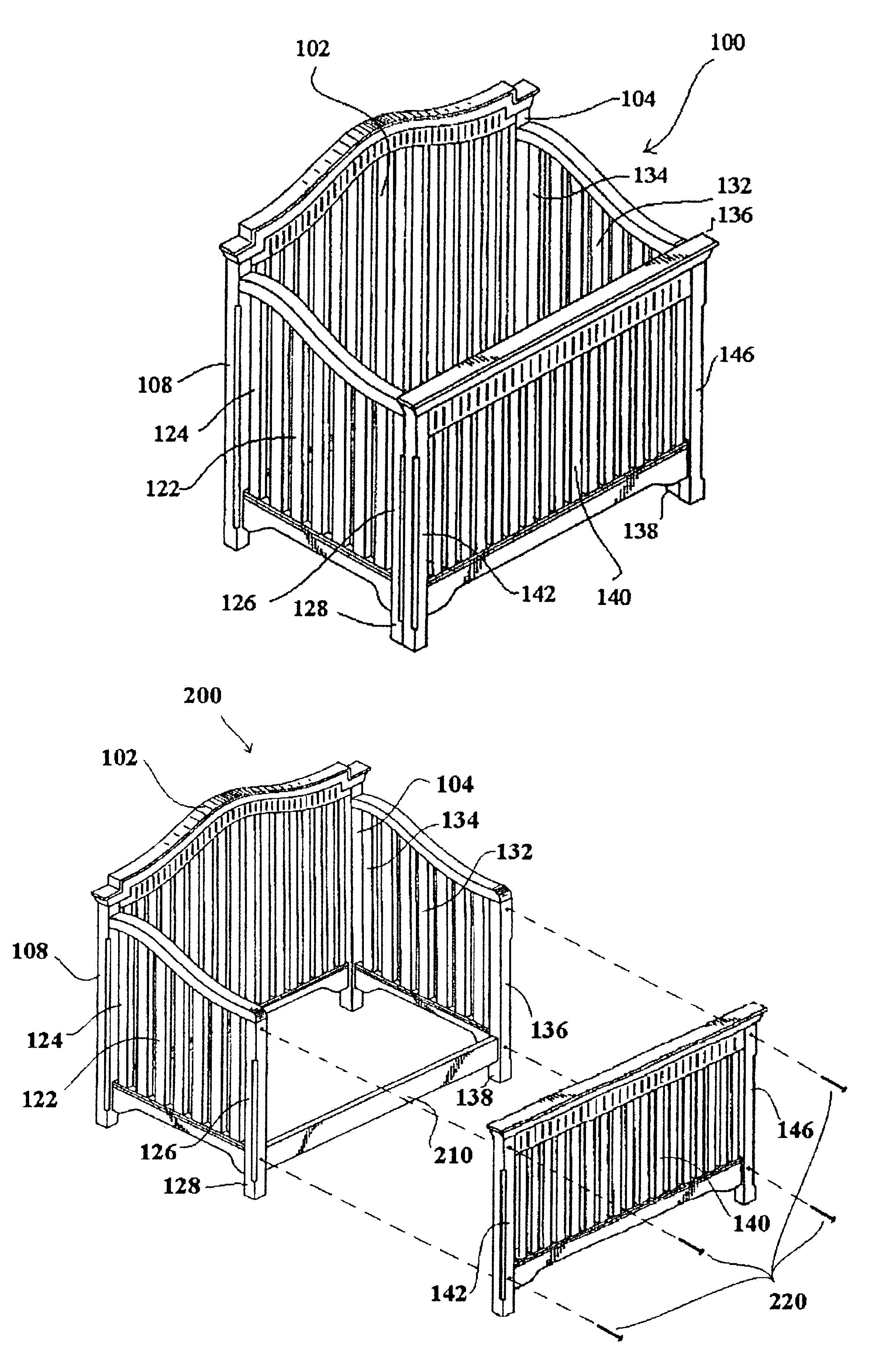 Convertible crib and bed arrangement