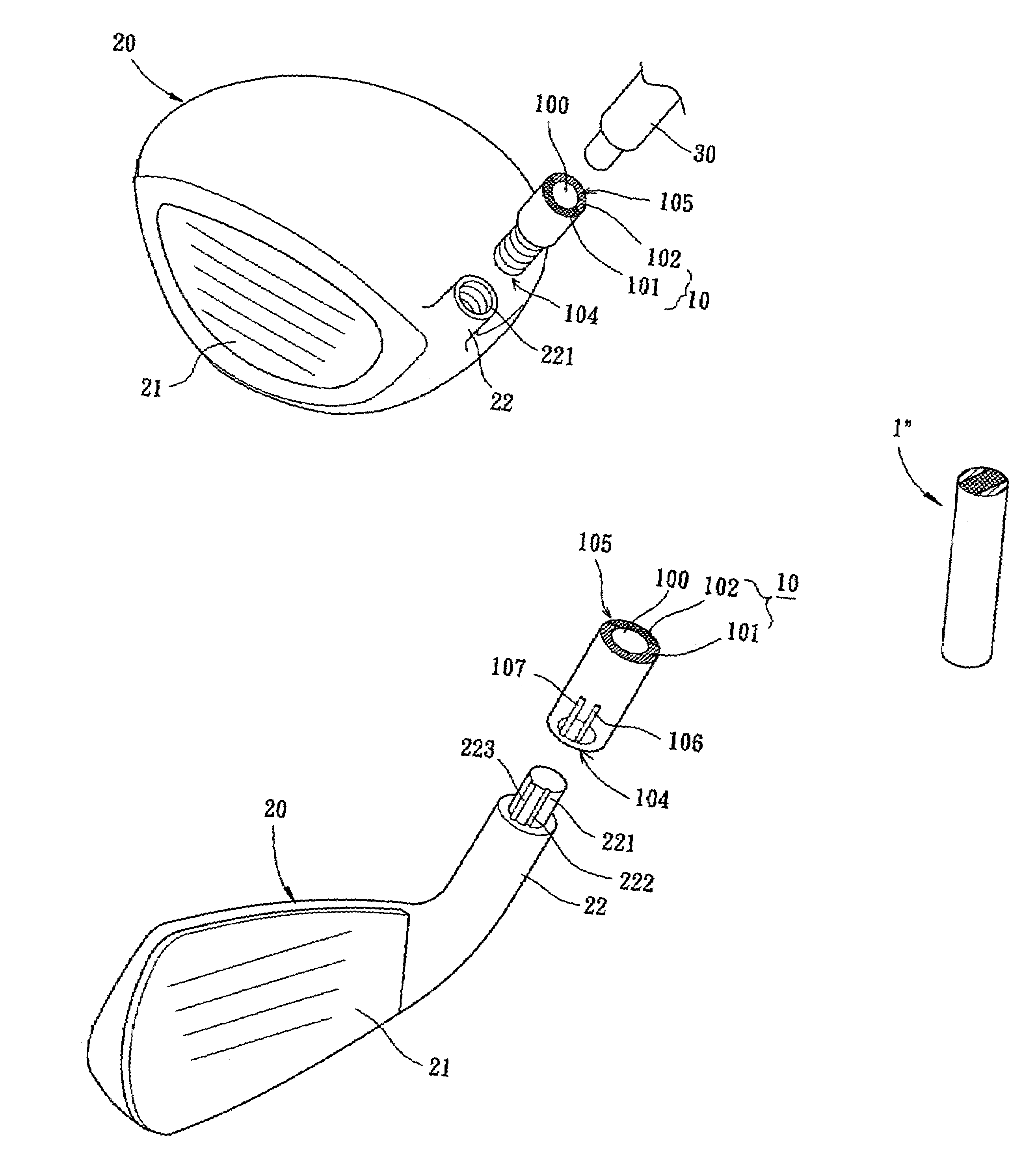Complex hosel structure for a golf club head having a high degree of vibrational absorbability and elastic deformability