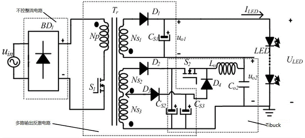 A composite auxiliary winding tibuck-flyback single-stage led drive circuit