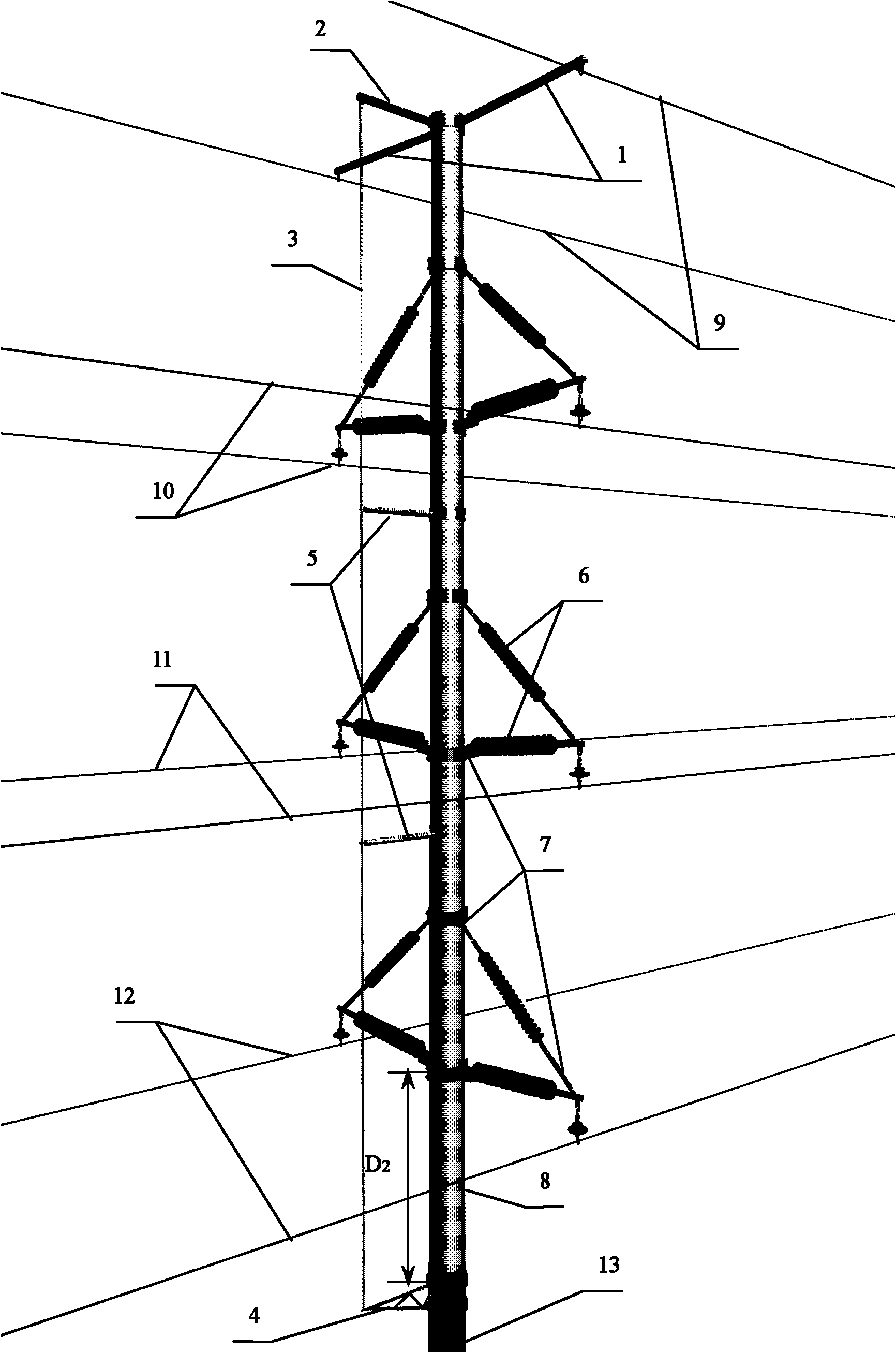 Method for vertical grounding down-leading on inner side of composite material pole tower and pole tower thereof