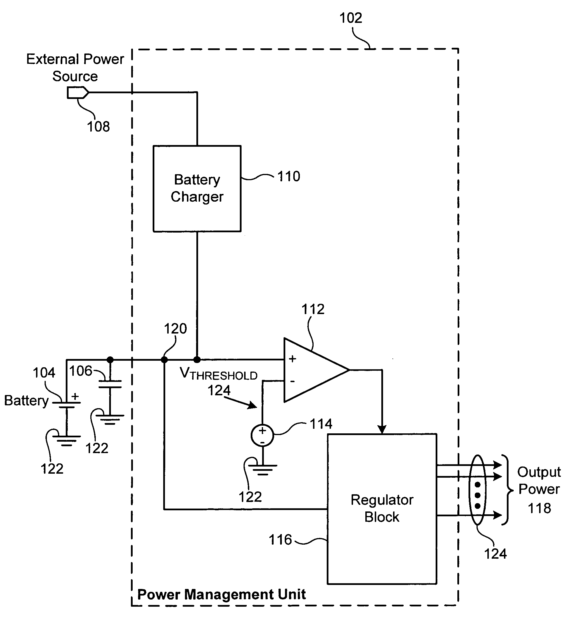 Power management unit with battery detection controller and switchable regulator block
