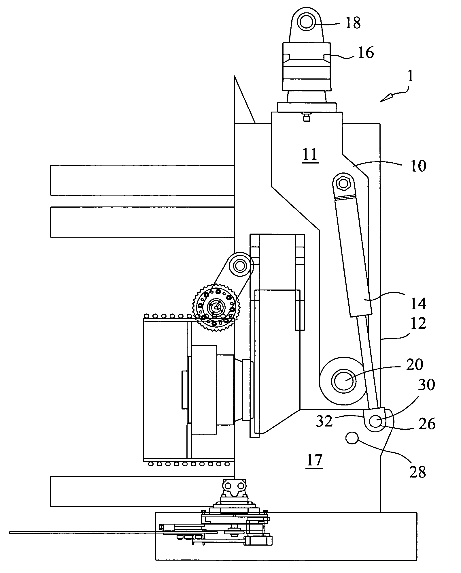Tree processing equipment with two position pivot point for actuator ends