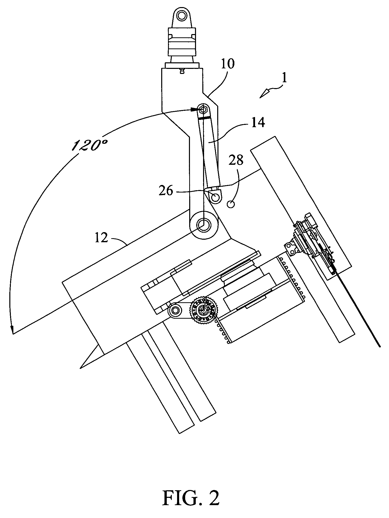 Tree processing equipment with two position pivot point for actuator ends