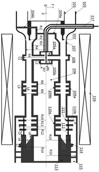 An x-band high-gain high-efficiency three-axis relativistic klystron amplifier