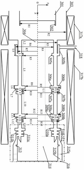 An x-band high-gain high-efficiency three-axis relativistic klystron amplifier