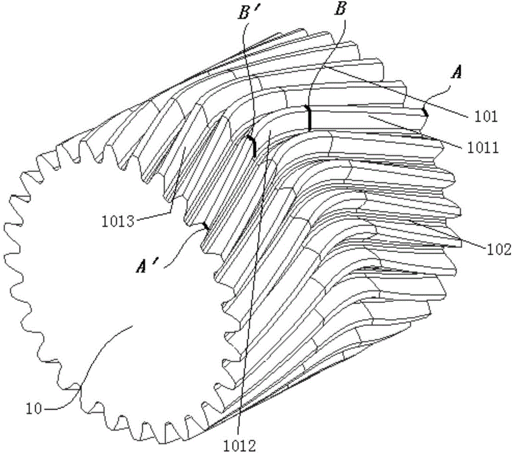 Arc spiral line mixed herringbone gear without tool withdrawal groove and processing method thereof