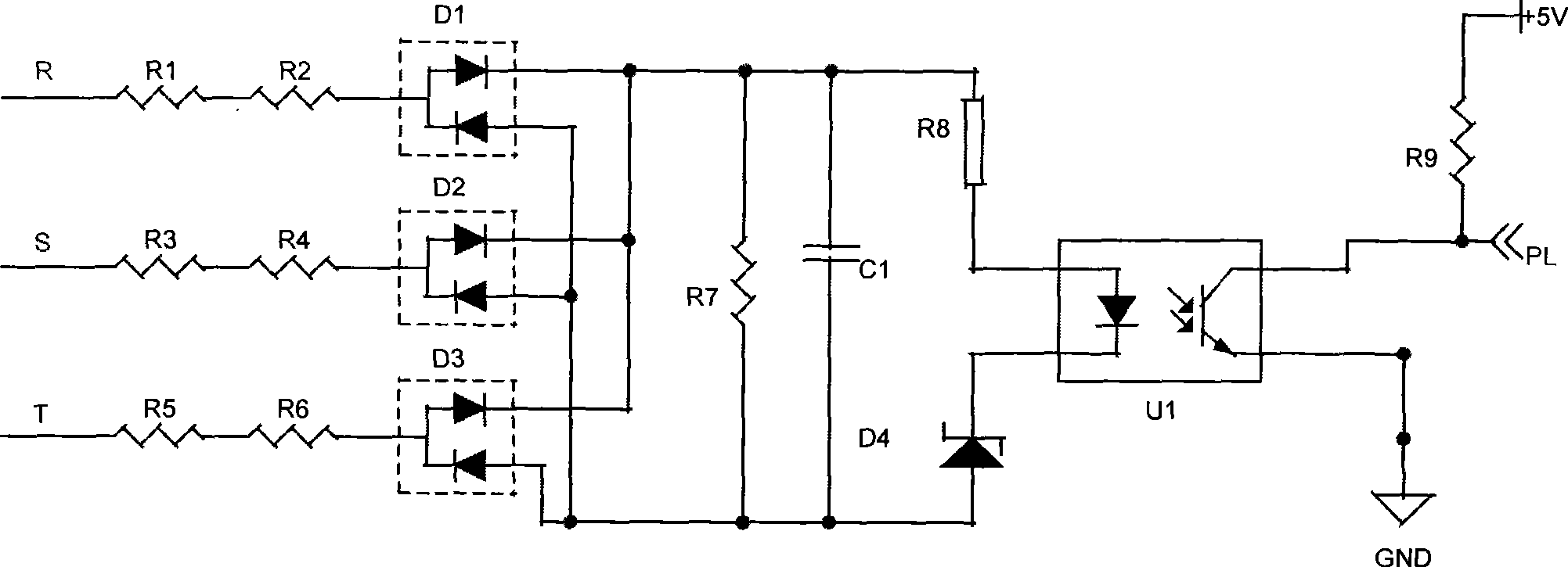 Three-phase power input phase lack detection circuit