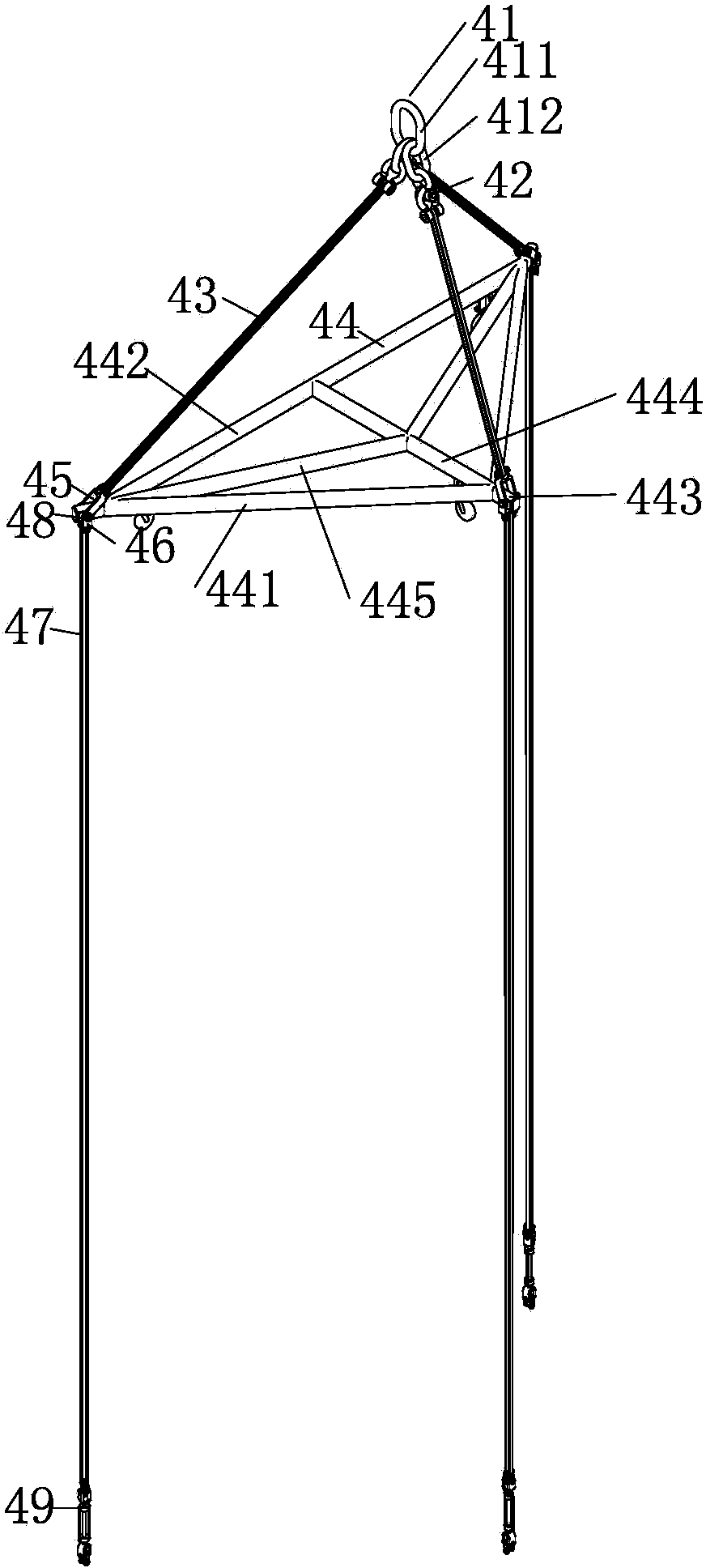 Cable-stayed sling type vertical-lifting lifting appliance having large-stiffness frame structure and assembled lifting appliance