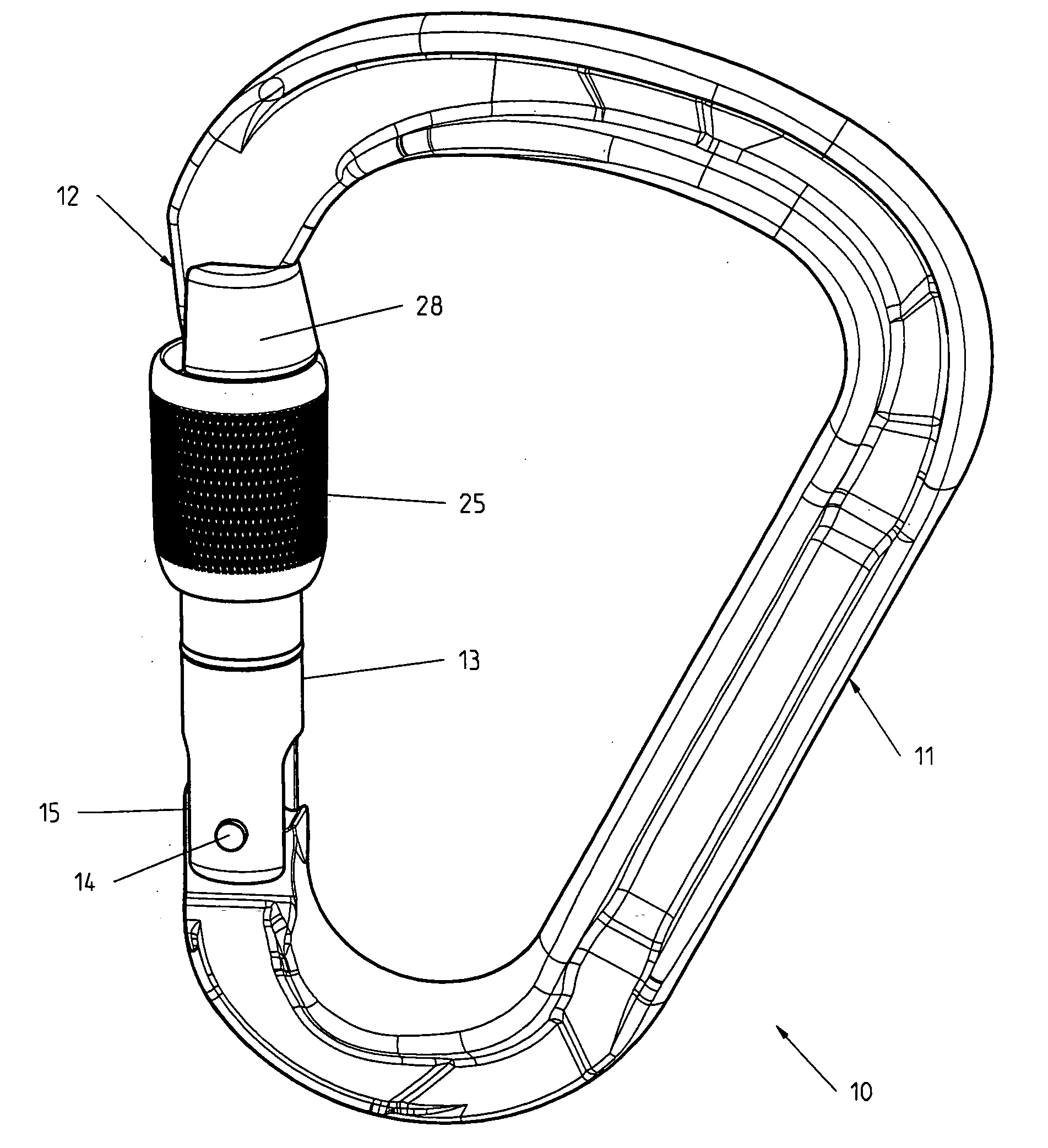 Carabiner with pivoting gate equipped with a locking ring