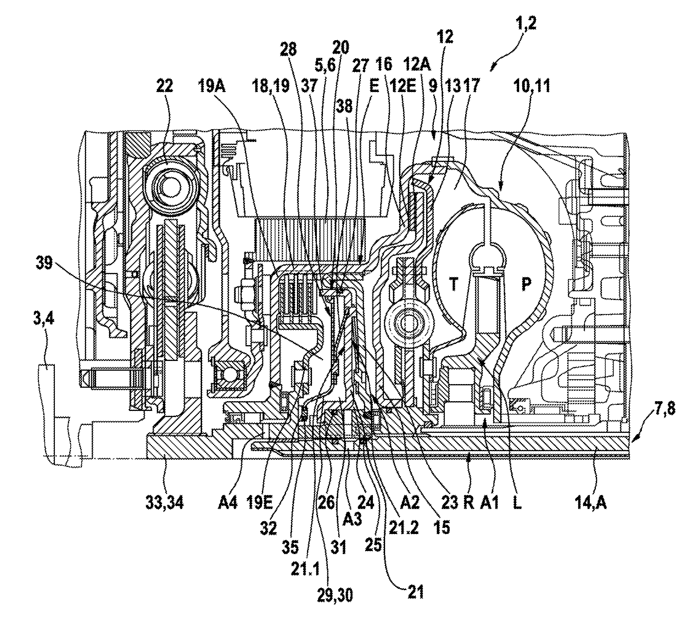 Combined power transmission, drive unit and drive train for a hybrid system