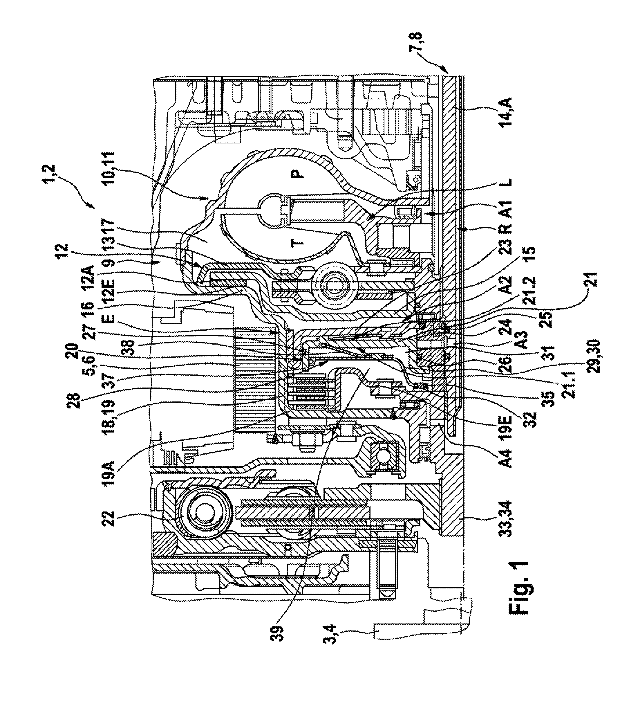 Combined power transmission, drive unit and drive train for a hybrid system