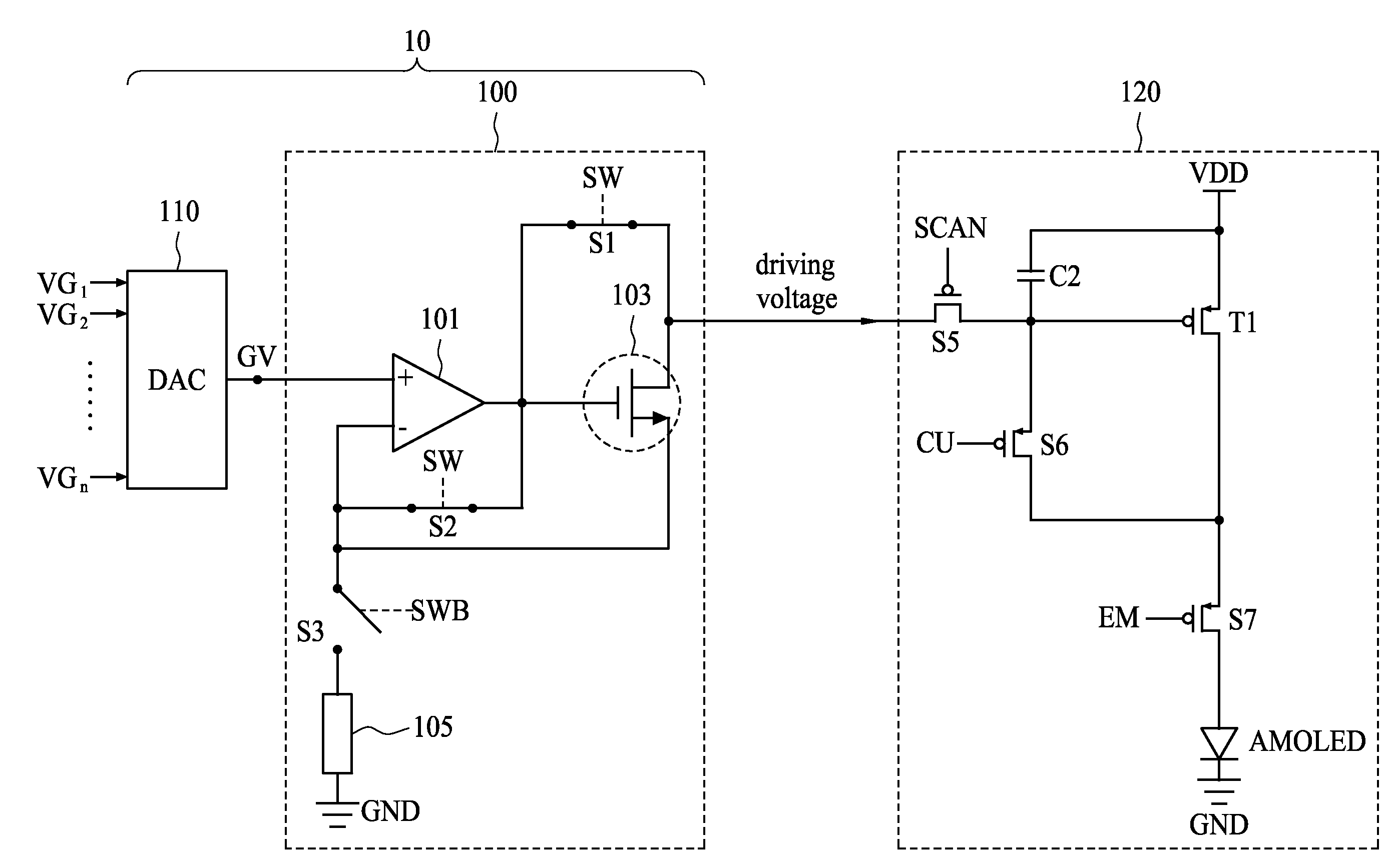 Driver and driver circuit for pixel circuit
