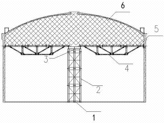 Large earthed concrete tank dome steel support structure and mounting method thereof