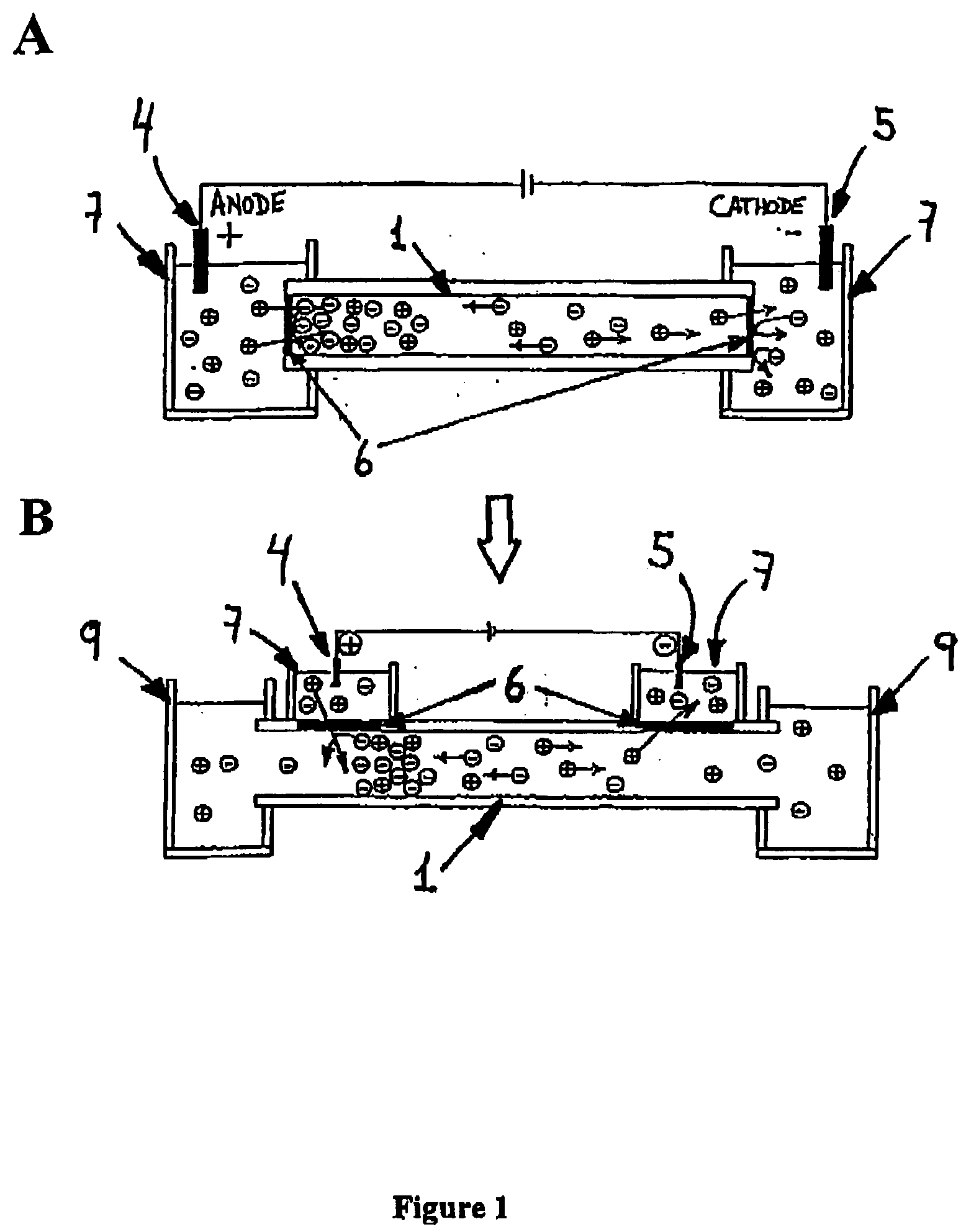 Method and device for capturing charged molecules traveling in a flow stream