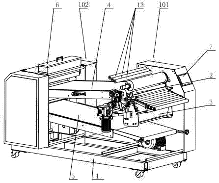 Device and method for automatically rolling and folding dough and leading out flour tapes