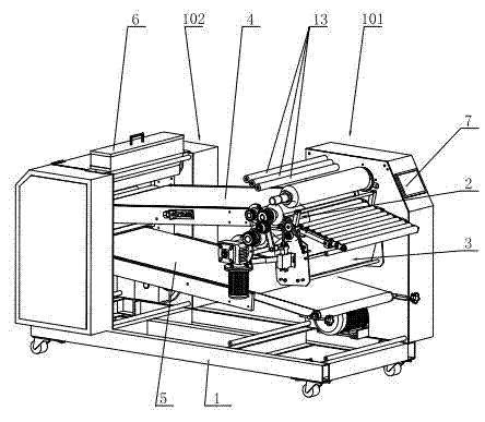 Device and method for automatically rolling and folding dough and leading out flour tapes