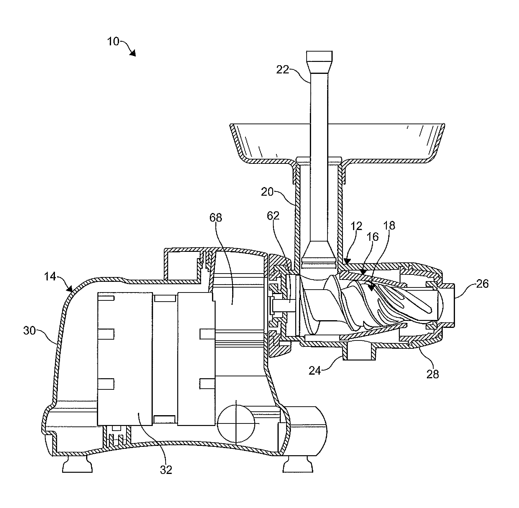 Horizontal juicer with compression strainer device