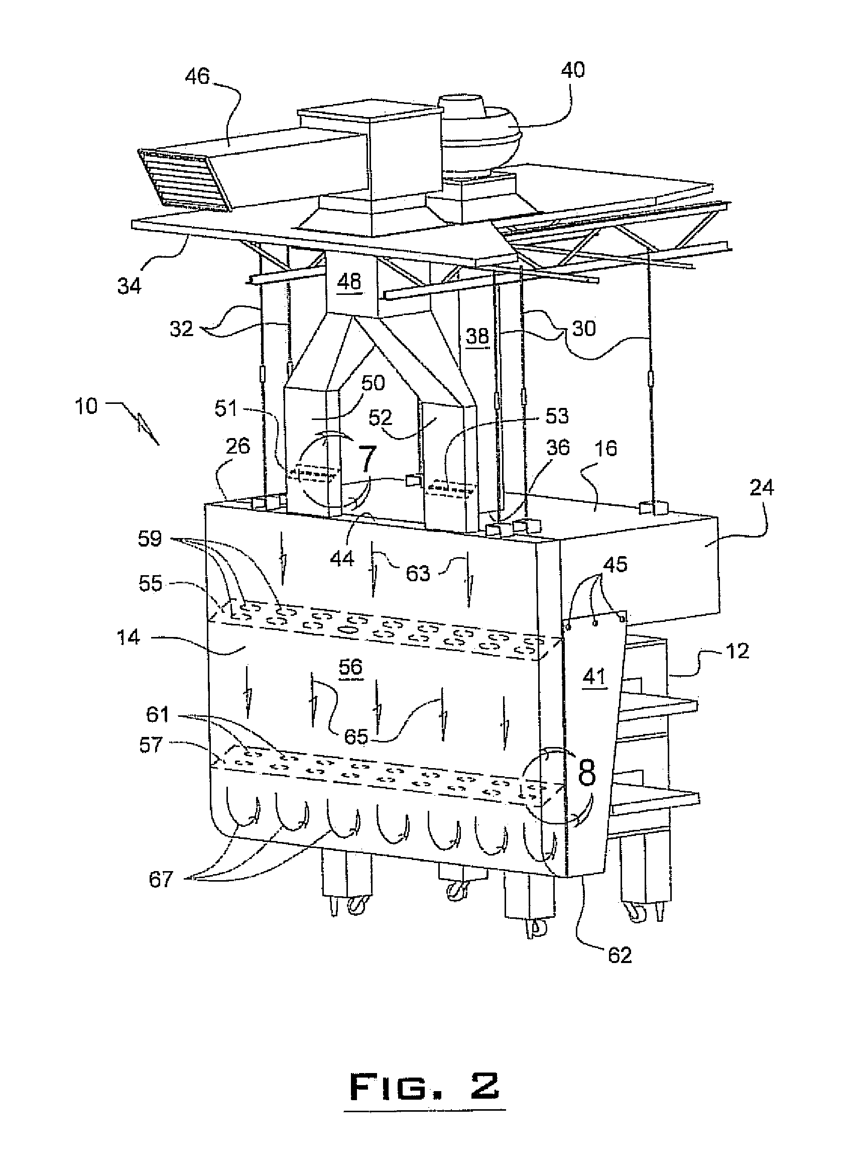 Overhead ventilation system incorporating a downwardly configured rear supply plenum with upward configured directional outlet and including baffle plates and dampeners incorporated into the plenum for evenly distributing an inlet airflow through the plenum outlet