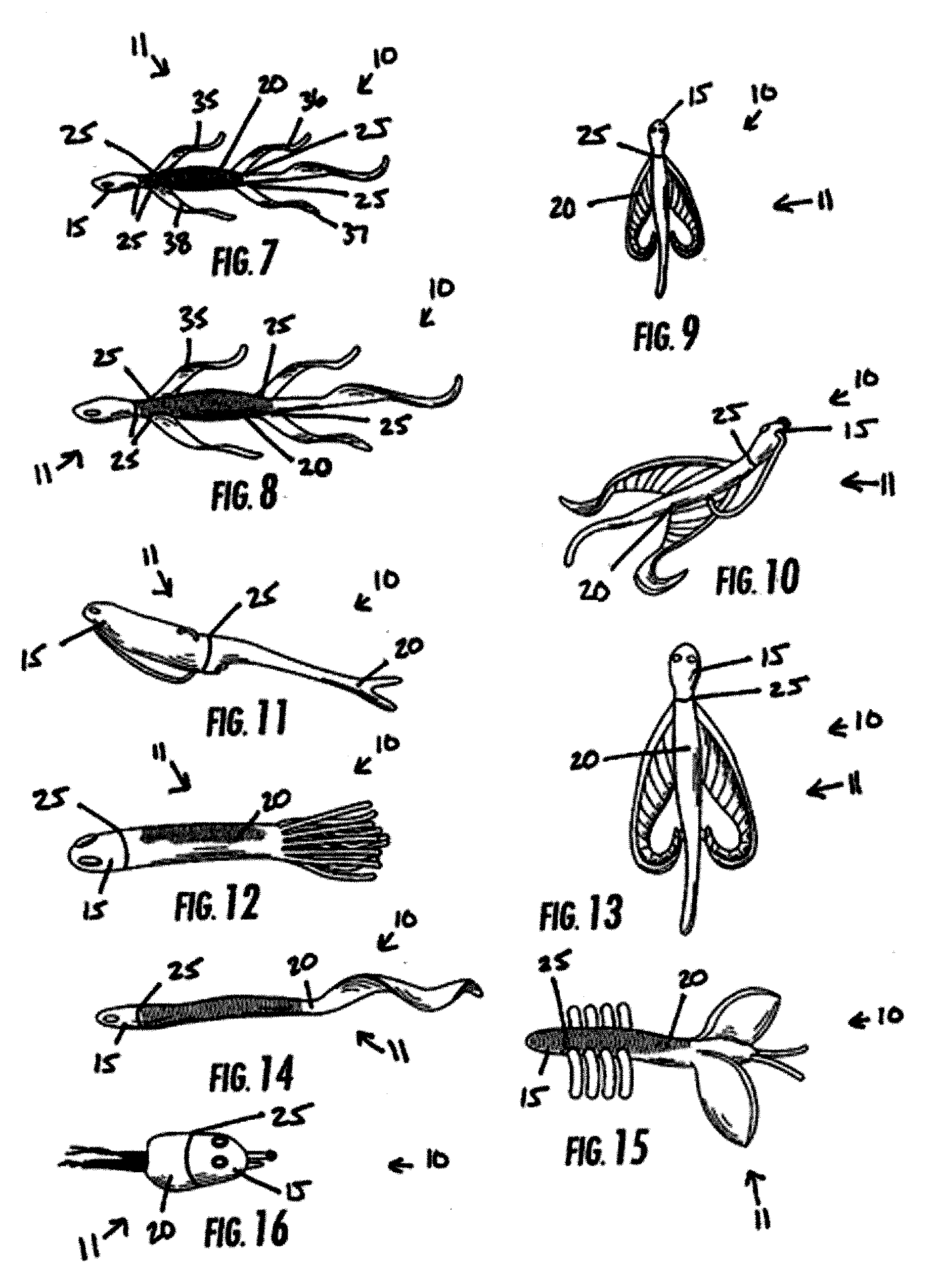 Fishing lures having elastomeric portions