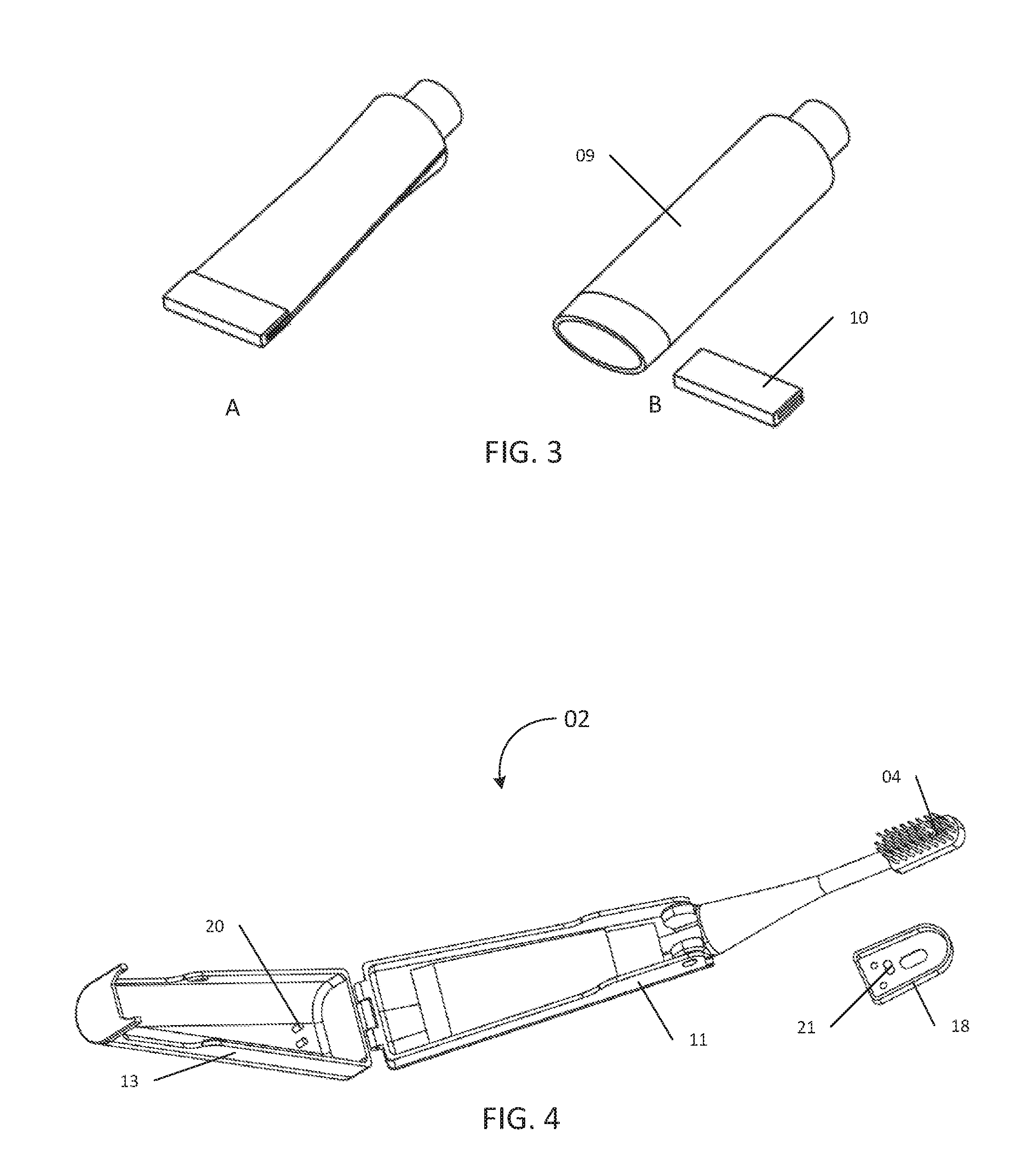 Foldable toothbrush with integrated toothpaste container and oral care kit