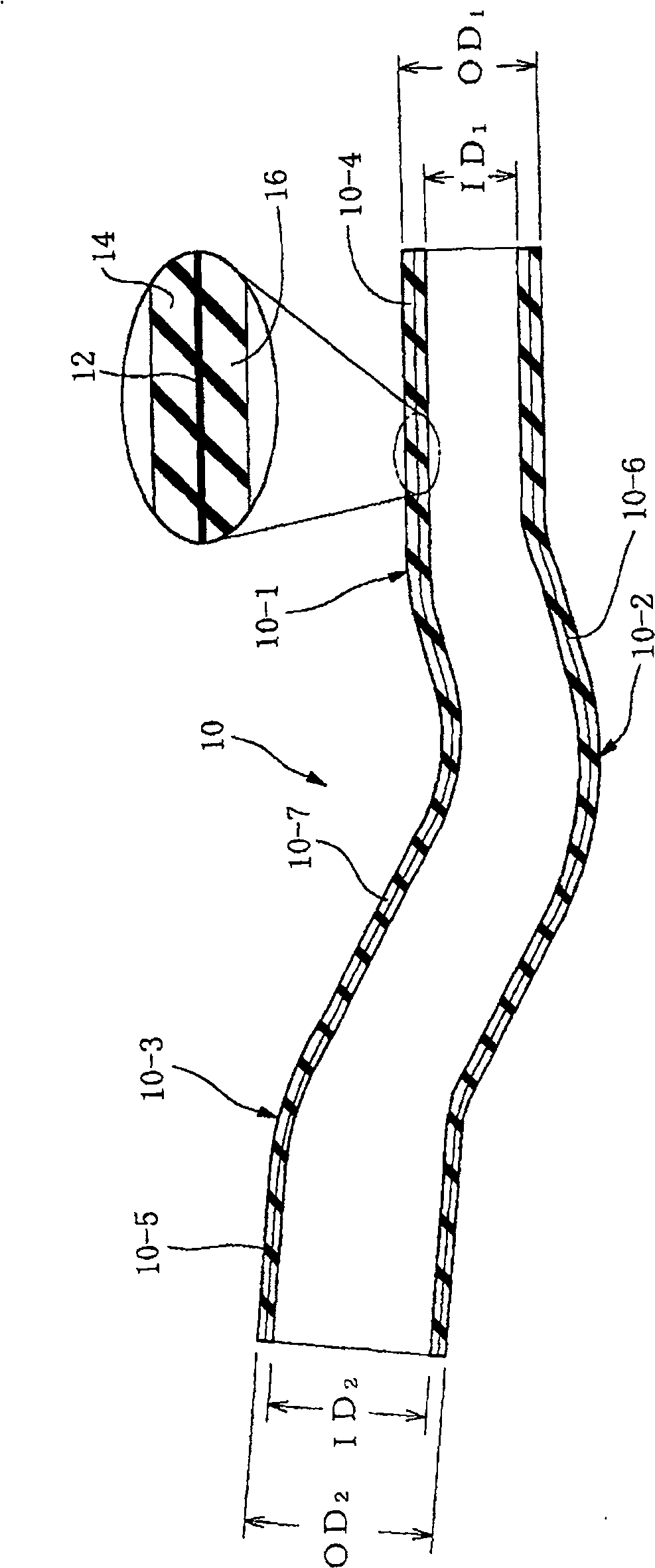 Resin composite hose of curved shape and method for producing the same