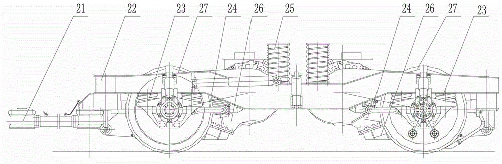Two-shaft bogie and frame suspension type drive device with disk-shaped braked hollow shaft