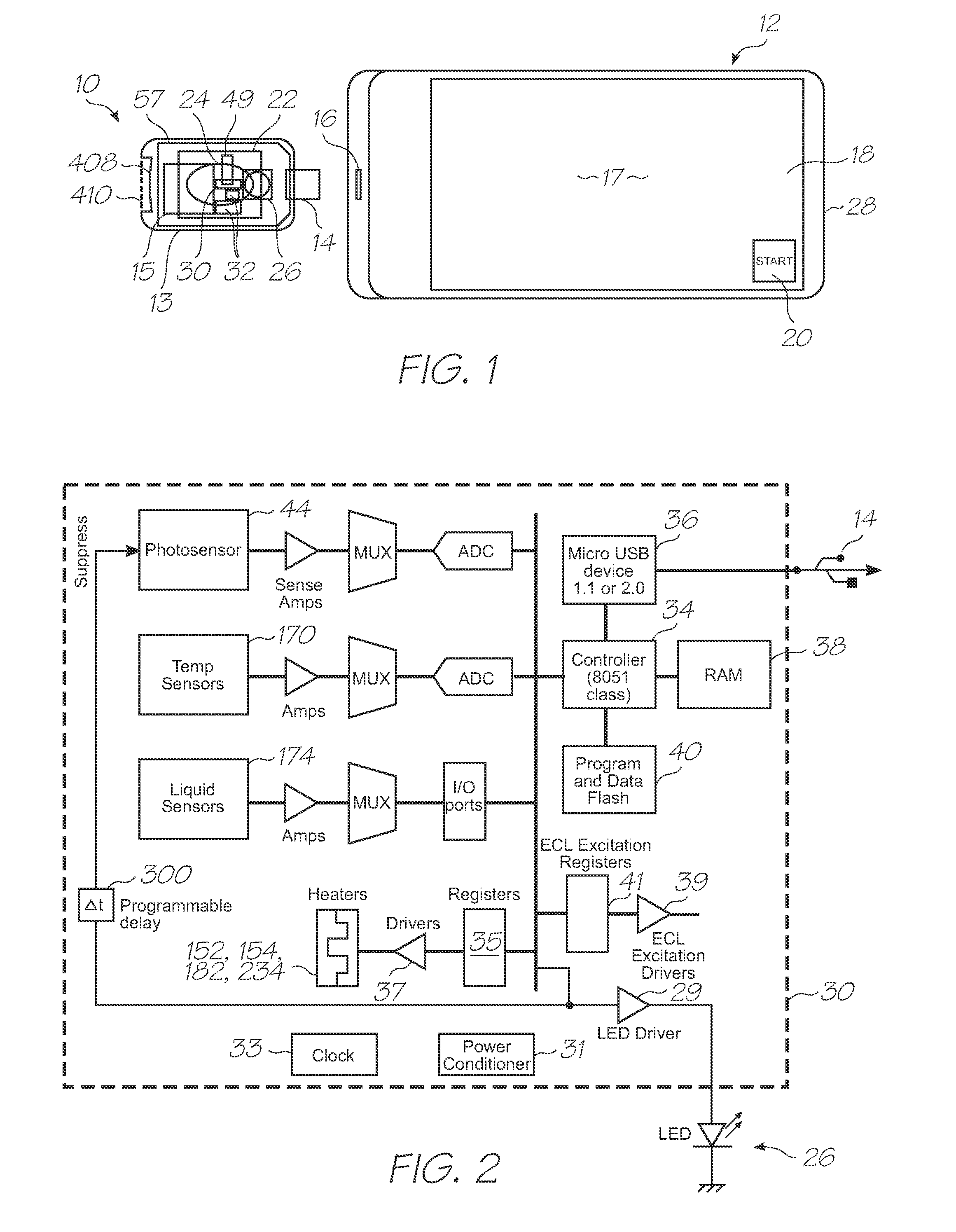 Loc device for detecting target nucleic acid sequences using hybridization chamber array and negative control chamber containing probes without electrochemiluminescent reporter