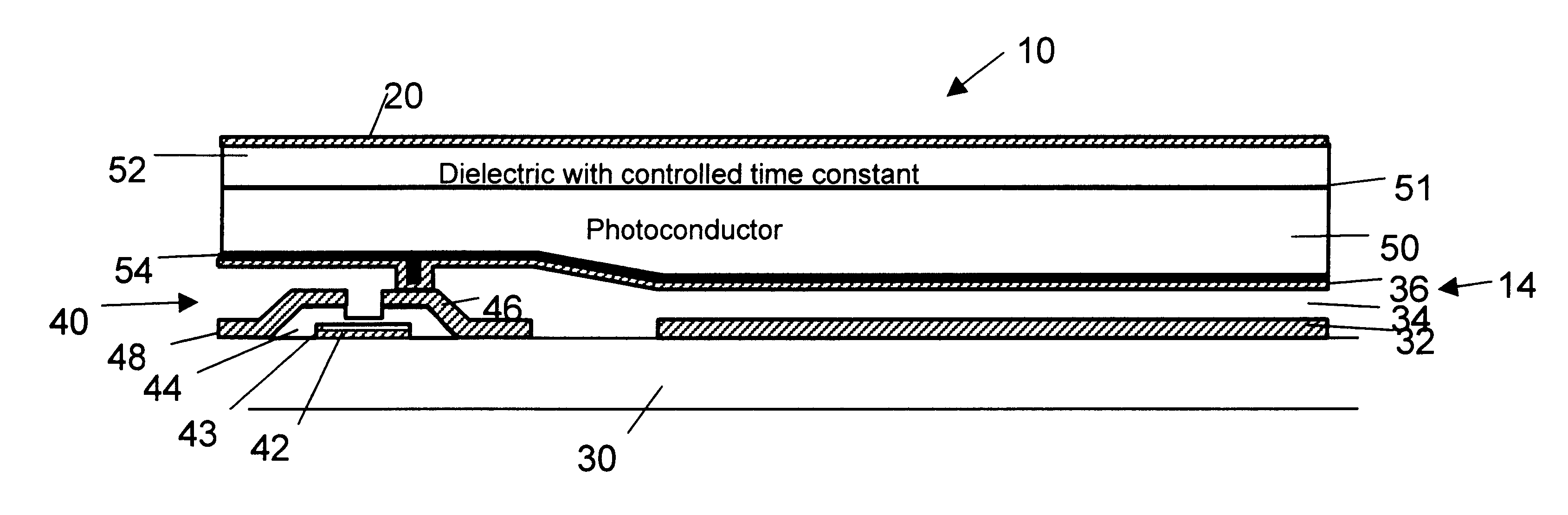 Direct radiographic imaging panel having a dielectric layer with an adjusted time constant