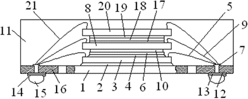 Multilayer spacer type IC (Integrated Circuit) chip stacked package of substrate and production method of package