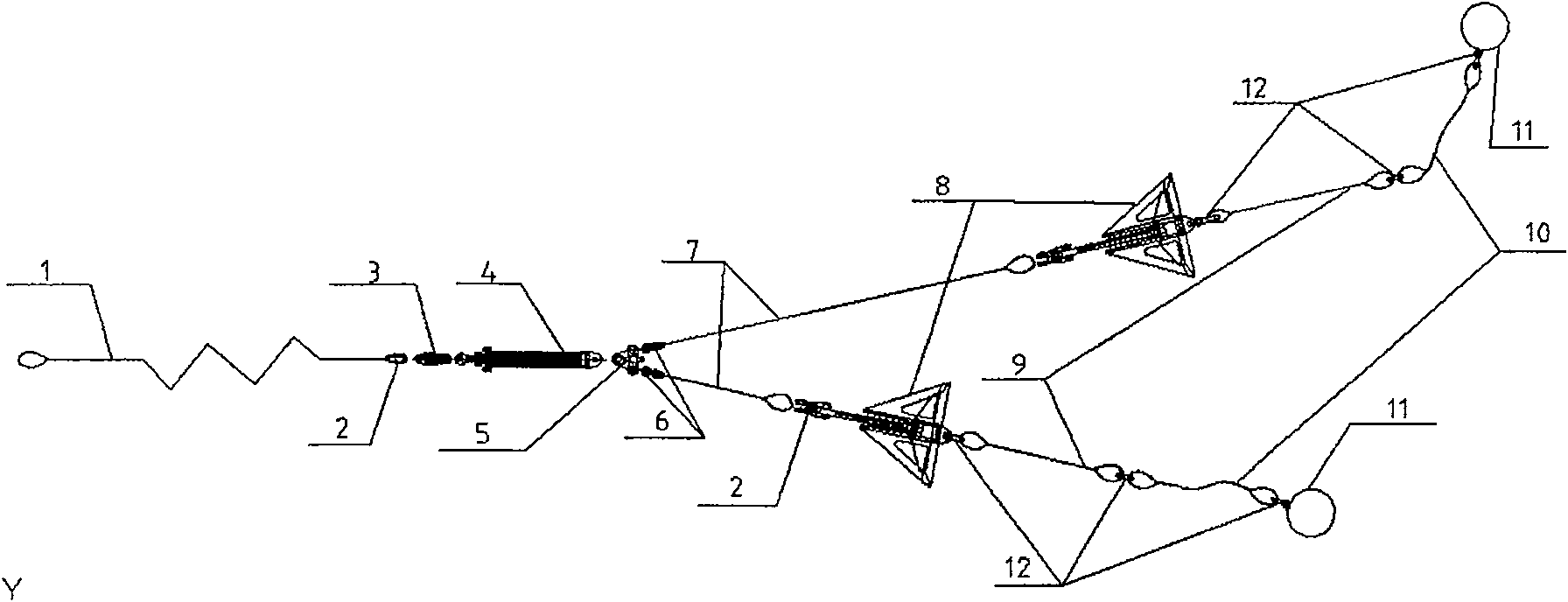 Floating body one-cable multi-anchor anchoring and mooring device at sea