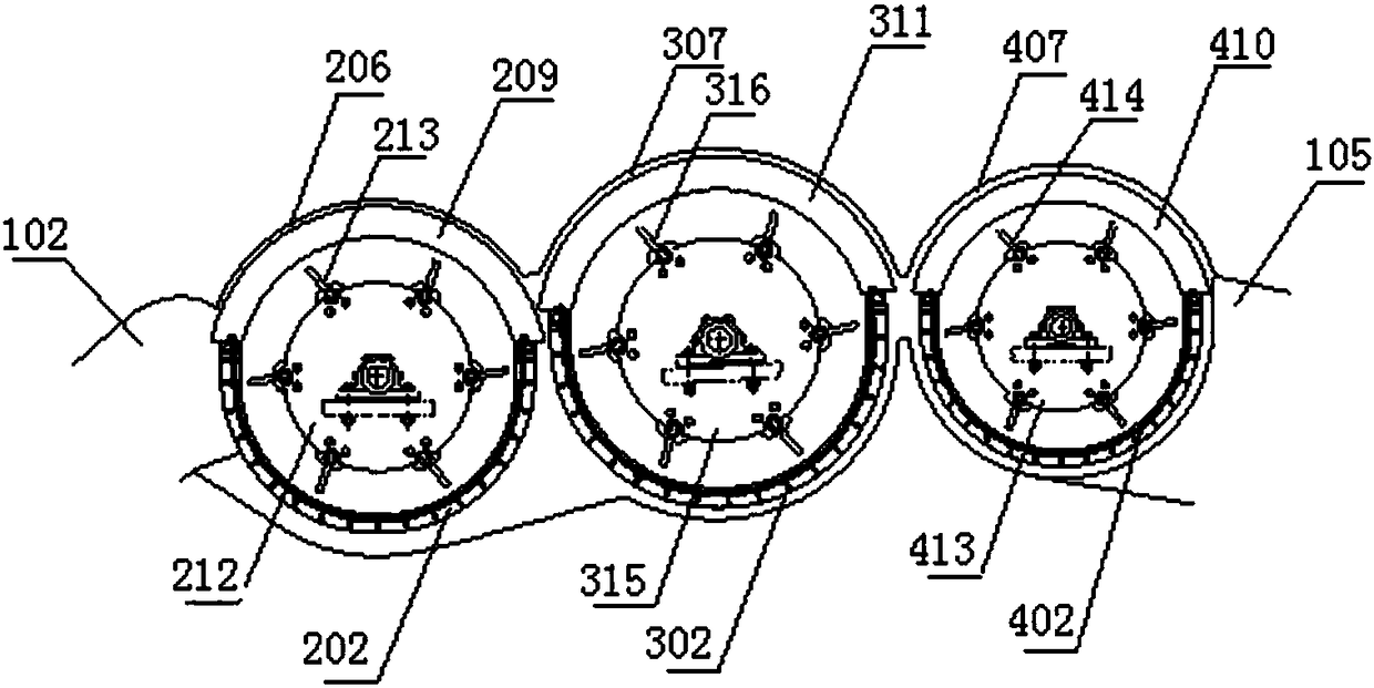 A double horizontal parallel split low impact threshing separation device