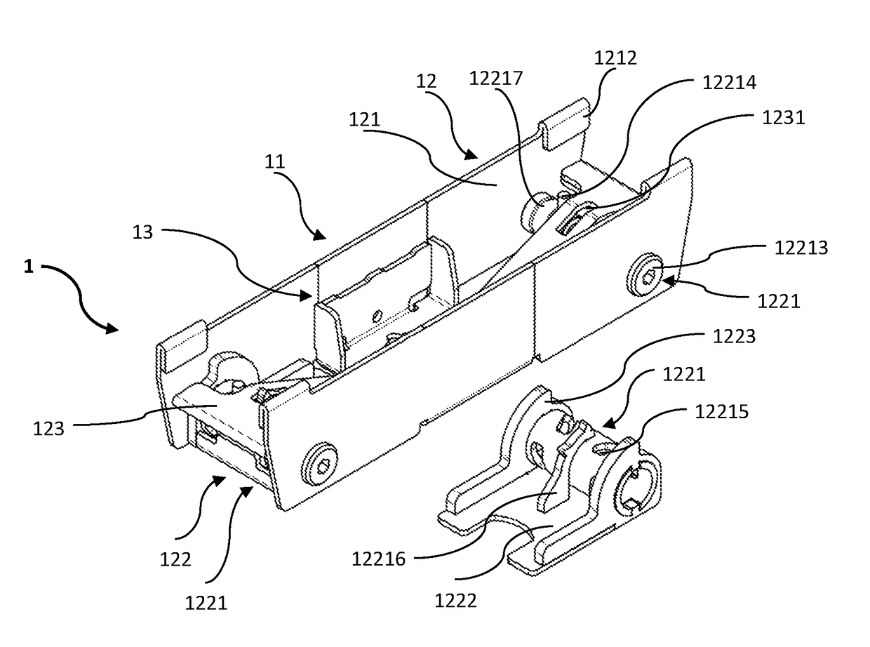 Adapter, goods carrier and fastening system
