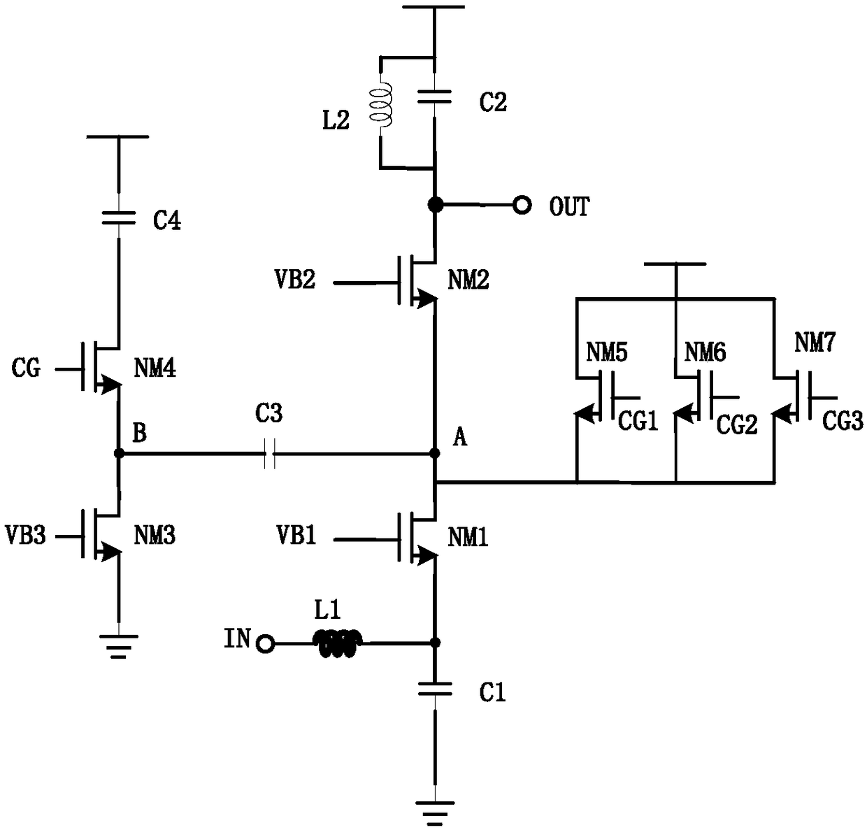 A gain adjustment structure based on cascode low noise amplifier