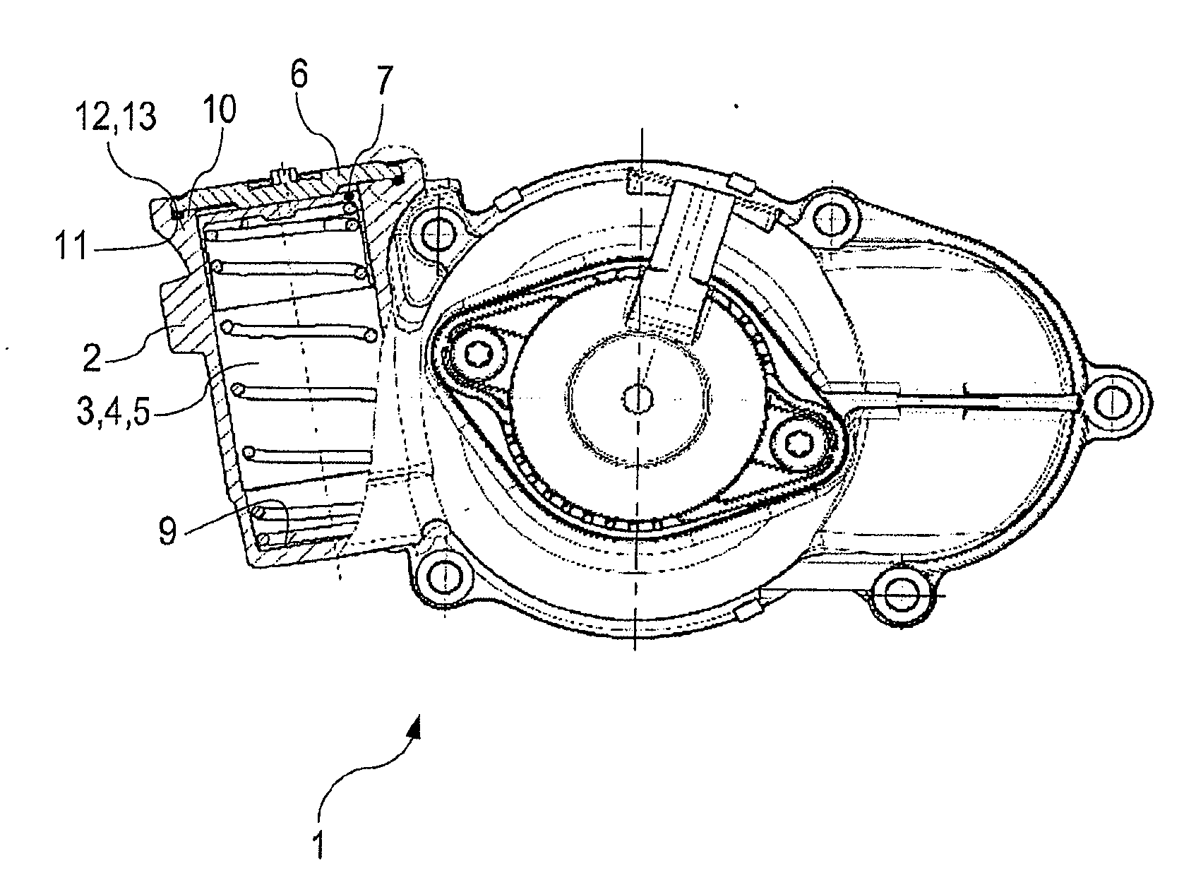 Housing bell with integrated pressure accumulator having a flanged cover