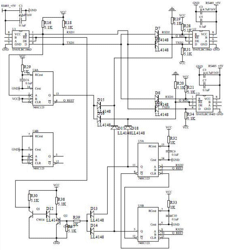 A kind of rs485 repeater with pure hardware arbitration function