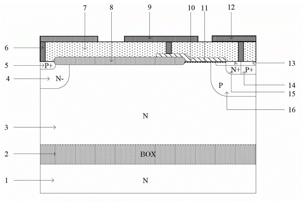 Latch-preventing N type silicon on insulator transverse isolated gate bipolar transistor