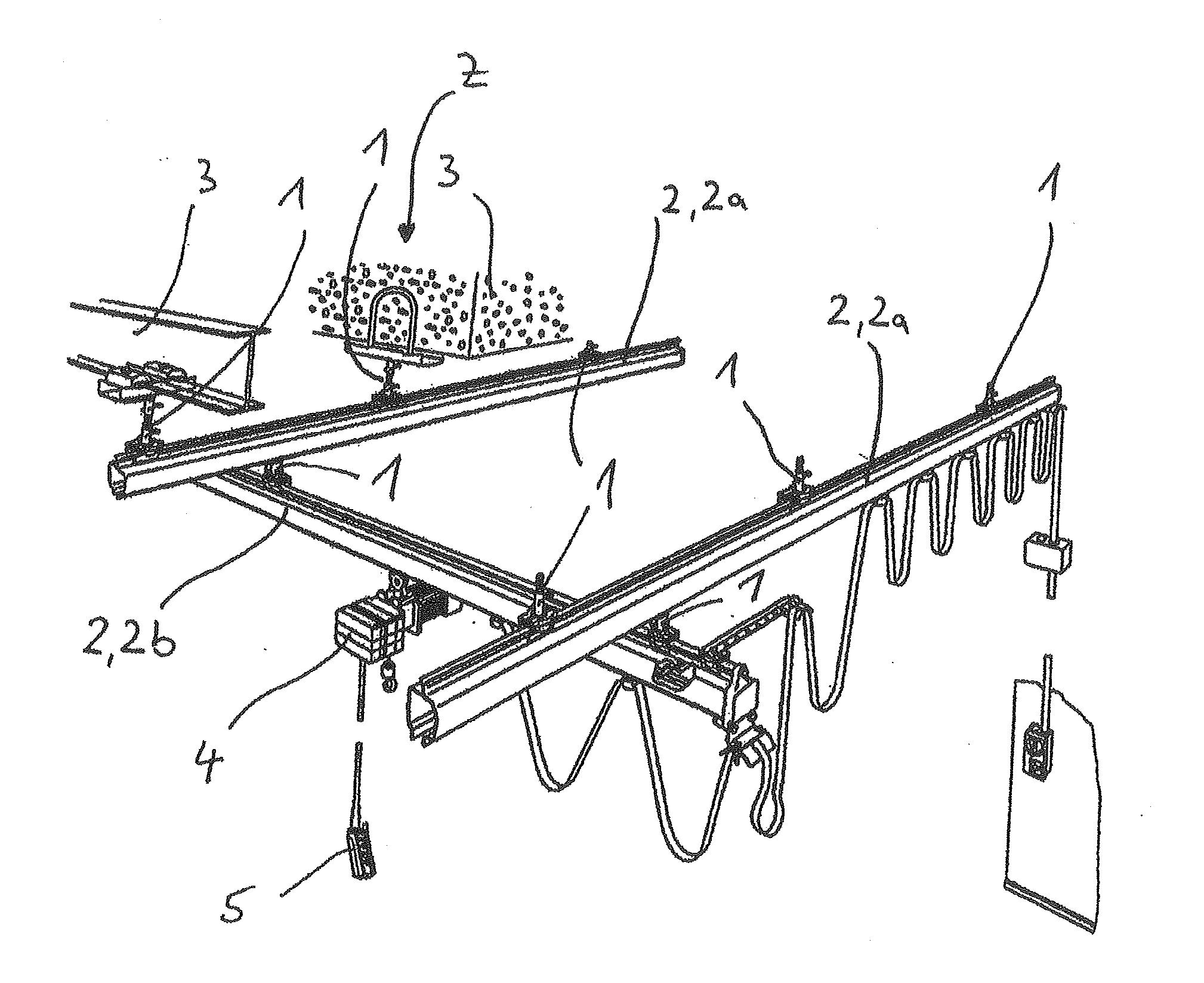 Device for suspending a rail, in particular a rail of an overhead conveyor or lifting gear