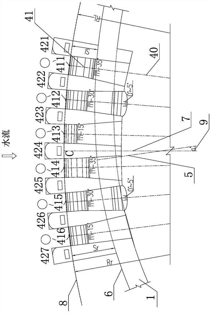 Systematic flood discharge and energy dissipation arrangement method and structure of an asymmetric arch dam