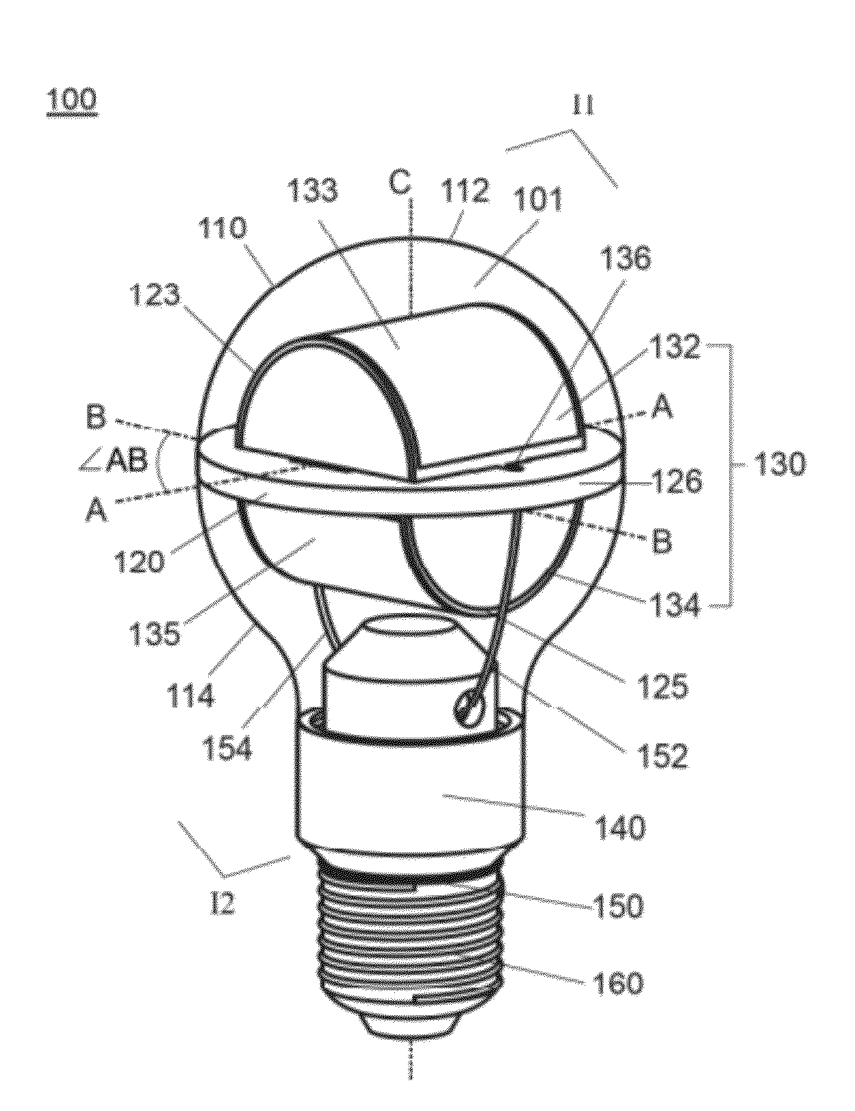 LED light bulb having an LED light engine with illuminated curved surfaces