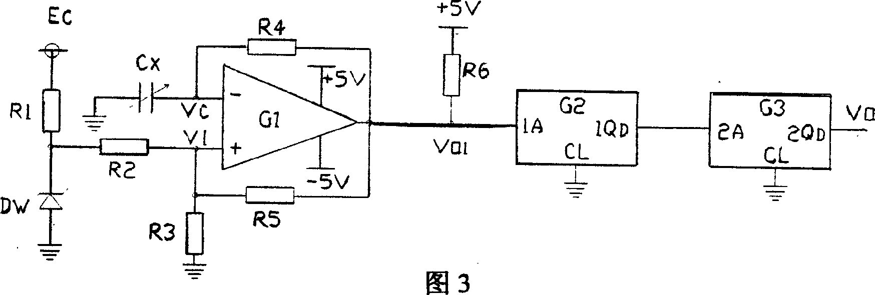 Distance variable condenser type impulse-width modulation output type angular displacement sensor