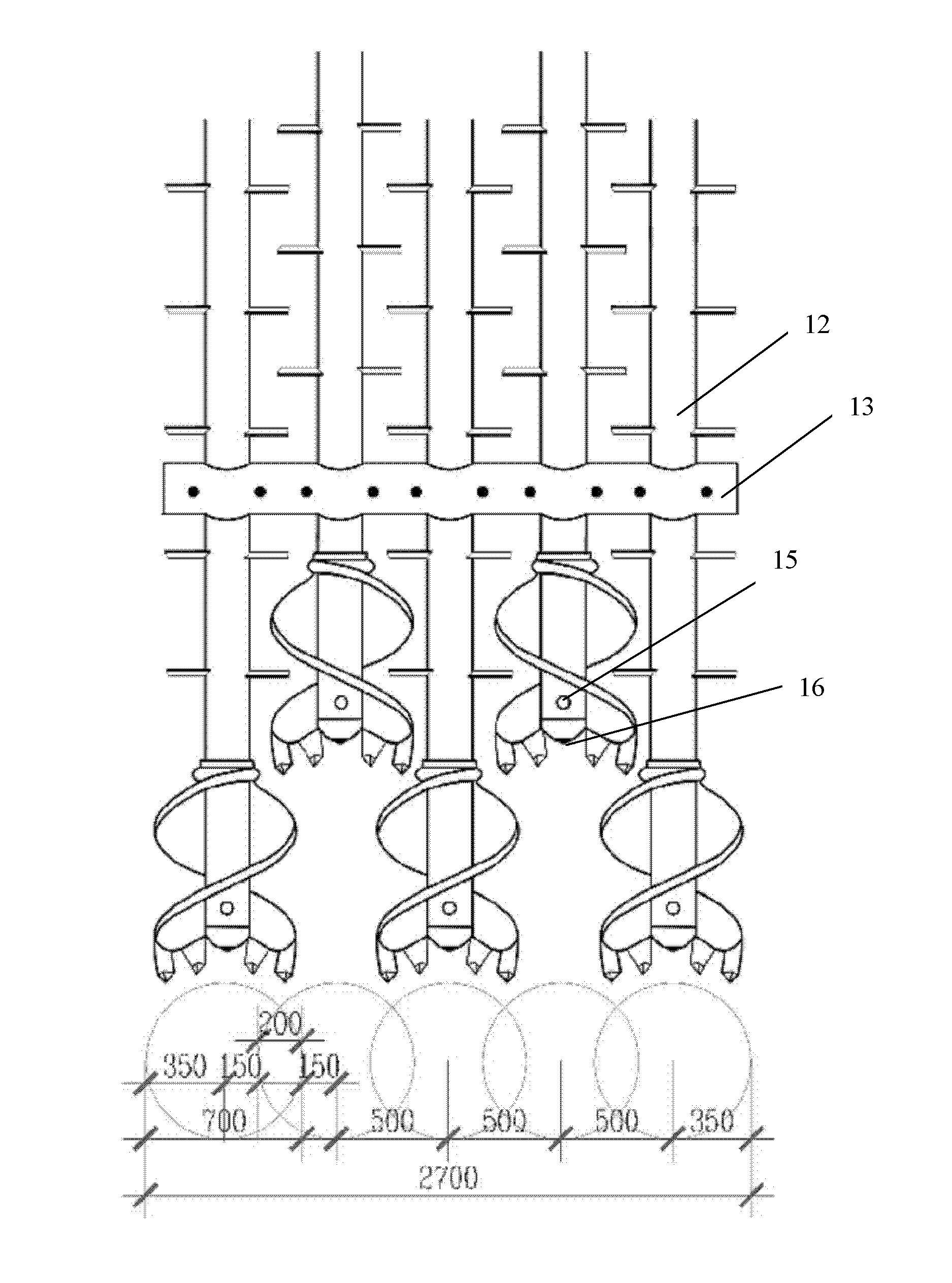 Continuous multi-shaft cement mixing pile device and construction method