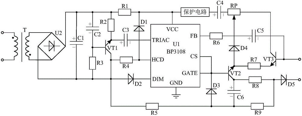 Power circuit for adjusting brightness of light source based on protection-type ripple suppression circuit