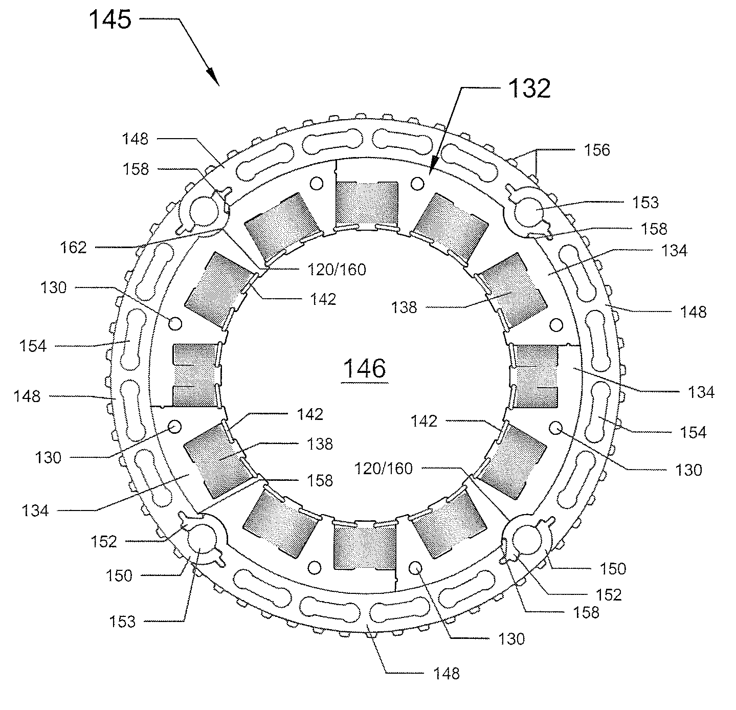 Rotor or stator for an electrodynamic machine with segment blocks constituting a stator or rotor ring and method for manufacturing such a stator or rotor