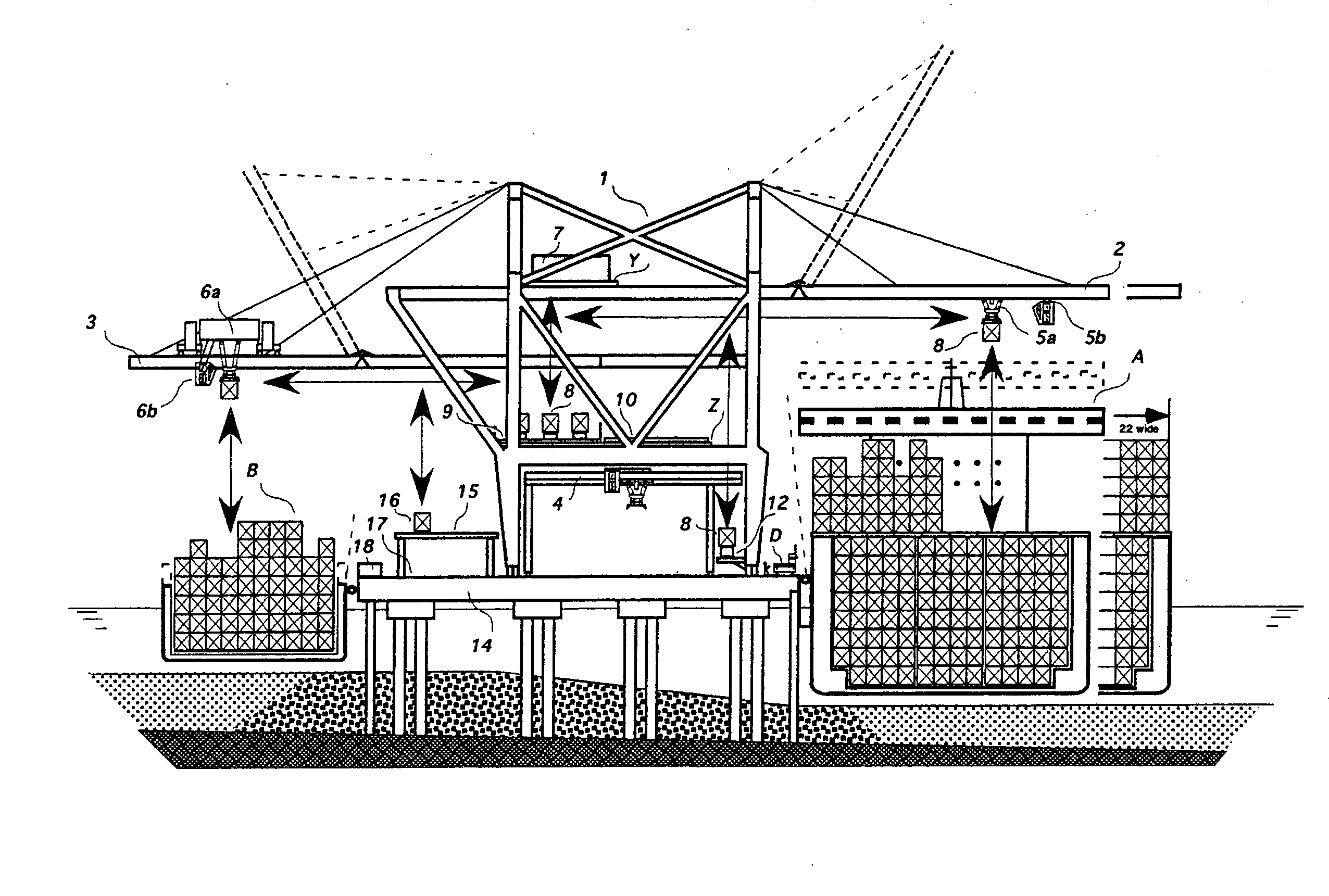 Crane apparatus for direct transshipment of marine containers between transportation modes without need of ground placement