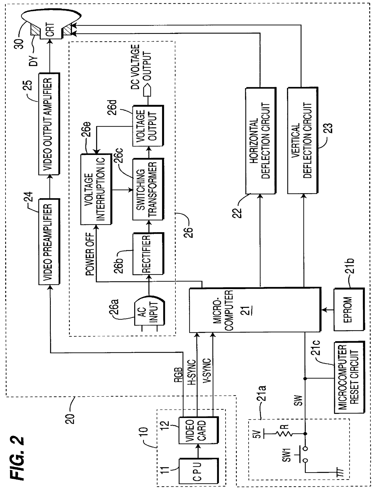 Power switching device and method of display monitor through reset of microcomputer