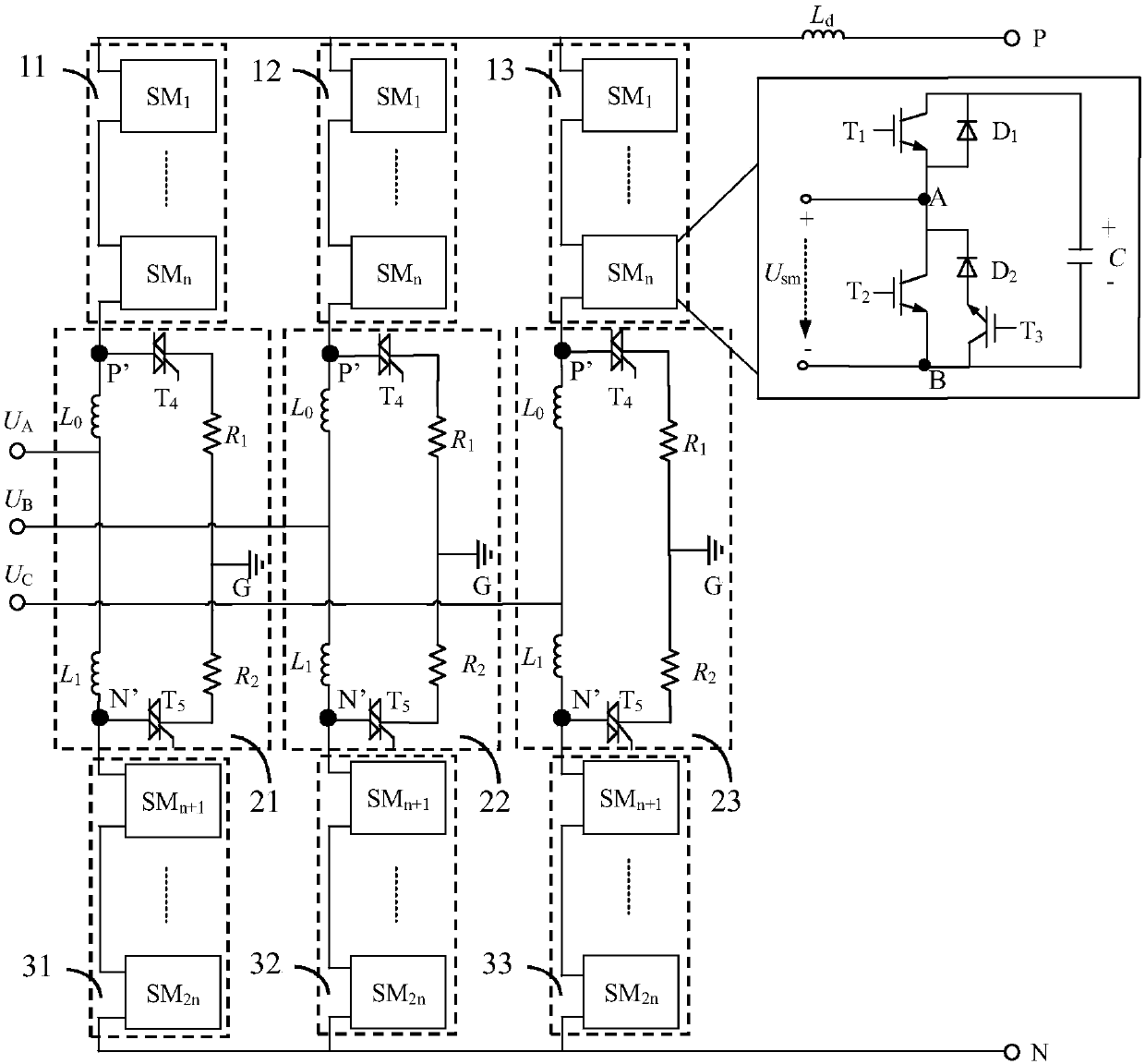 MMC topology with DC short circuit fault current blocking ability